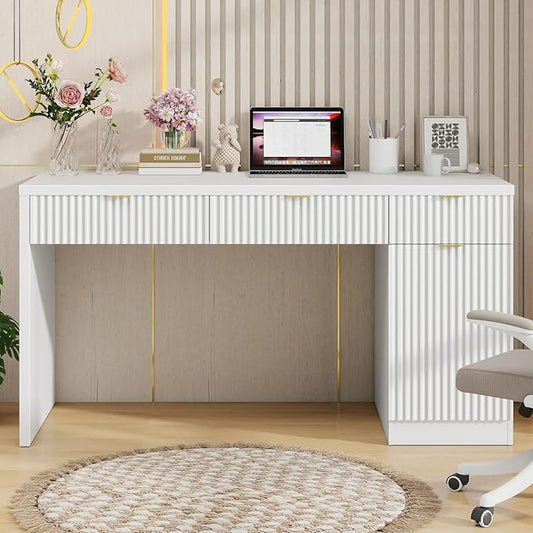 60" Executive Desk with Fluted Drawers, Wood Home Office Desk with Storage Cabinet, Fluted Reversible Computer Writing Desk for Study, Living Room,White