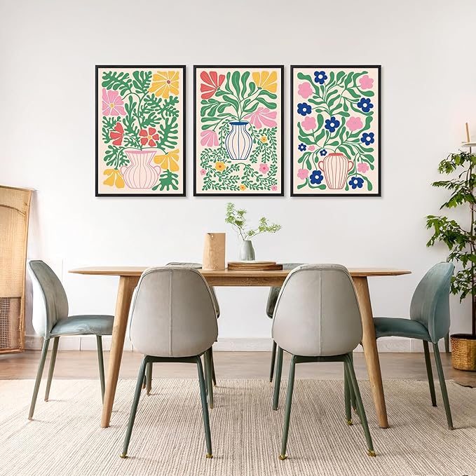CHDITB Matisse Flowers Vase Framed Canvas Wall Art(24"x36"), 3 Panels Colorful Boho Florals Botanical Plants Artwork Printings, Large Scandinavian Gallery Decor Painting for Bedroom Dining Room Office