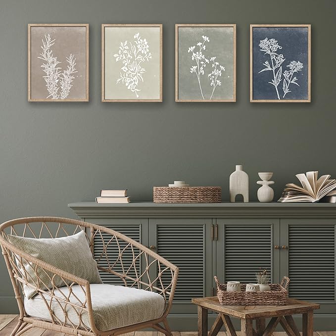 Liswit Framed Boho Wall Art Set of 4 for Wooded Minimalist Botanical Print Wall Art for Rustic Vintage Farmhouse Home Kitchen Wall Decor (Brown, 8"x10")