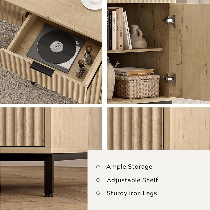 47" Home Office Desk with Fluted Drawers, Wood Exectuive Desk with Storage Cabinet, Charging Station, Metal Legs Modern Farmhouse Computer Desk for Work, Study Light Oak