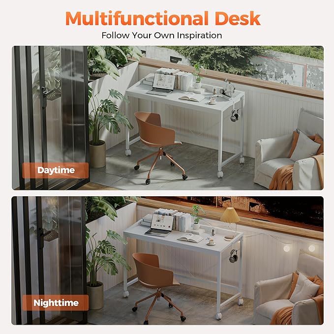 Mericonia 48 inch Rolling Computer Desk with Wheels, Gaming Desk for Small Spaces, Modern Simple Style Table for Home Office, Study Writing Table