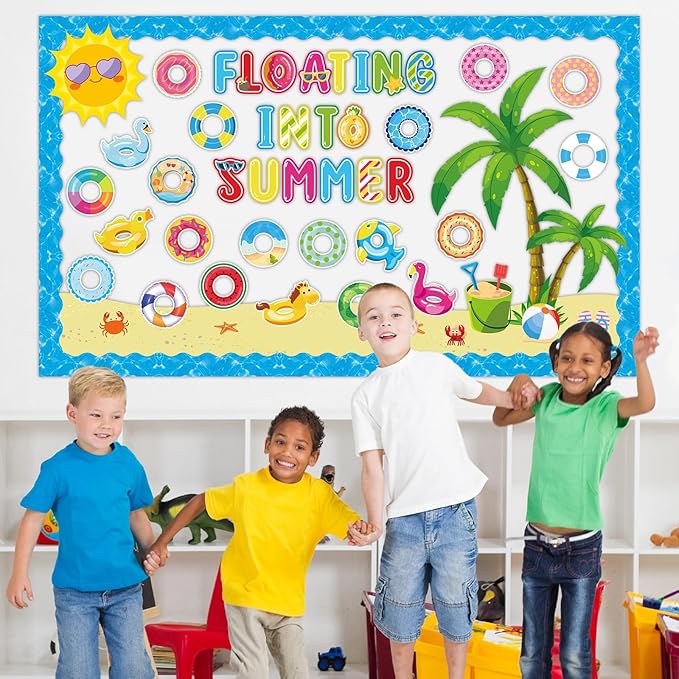 Summer Swim Ring Bulletin Board Decorations Floating Into Summer Cutouts Hawaiian Tropical Theme Swim Ring DIY Photo Craft Bulletin Board Set for Classroom School Office Home Wall Decor Supplies