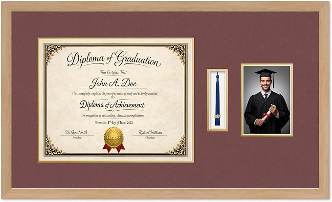 Diploma Tassel and Photo Frame Natural Wood Shadowbox Dark Red Over Gold Mat - Fits 15 x 12 Degree Picture Made in the USA