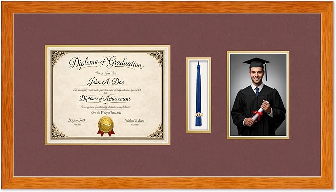 Diploma Tassel and Photo Frame Honey Oak Shadowbox Dark Red Over Gold Mat - Fits 10 x 8 Degree Picture Made in the USA