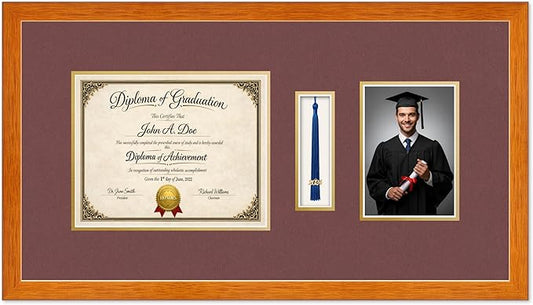 Diploma Tassel and Photo Frame Honey Oak Shadowbox Dark Red Over Gold Mat - Fits 10 x 8 Degree Picture Made in the USA