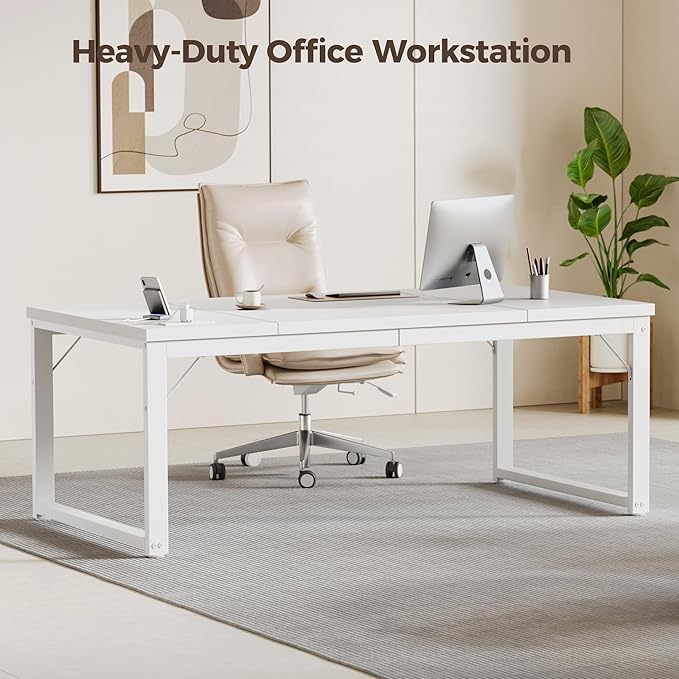 Mericonia 63 Inch Large Computer Desk with Power Outlets, 1.2" Thick Heavy Duty Industrial Office Desk, Modern Simple Study Writing Table for Home Office Bedroom Workstation, White