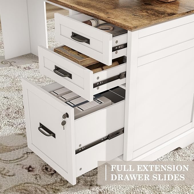 Alohappy 67'' L Shaped Desk with Drawers, Farmhouse Corner Computer Desk with File Storage and Charging Station for Home Office, White
