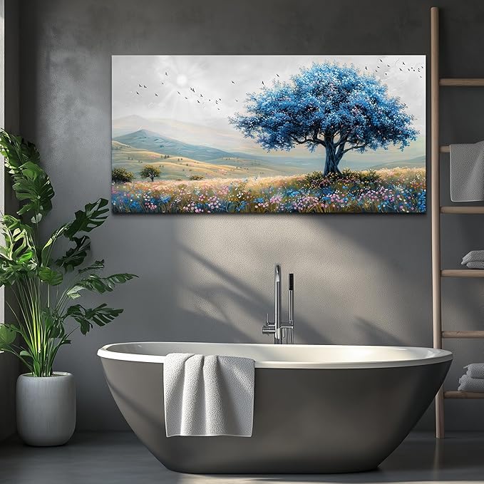 KELIYUAN Large Farmhouse Wall Art For Living Room Canvas Wall Decor For Office Bedroom Hotel room Field Scenery Wall Painting Blue Trees Picture Modern Home Decoration Artwork Ready To Hang 24x48In
