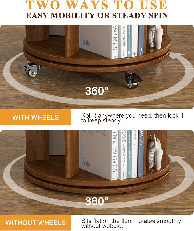Rotating Bookshelf, 4 Tier Solid Wood Bookshelf Tower with Lockable Wheels, 360° Spinning Revolving Bookcase for Small Spaces, Corners, Bedroom, Kids Room, Home Office, Walnut