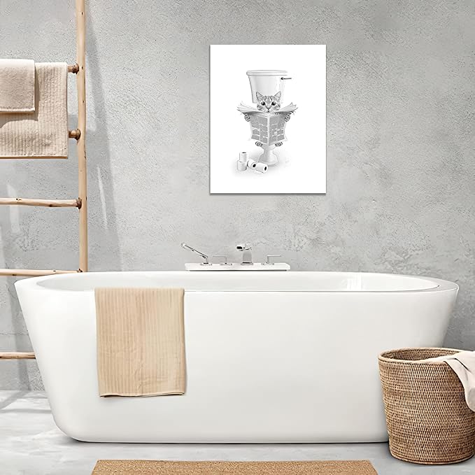 Cat Bathroom Wall Art Black and White Cat Pictures Wall Decor Funny Animal Canvas Painting Print Modern Home Decoration Artwork Framed 12"x16"