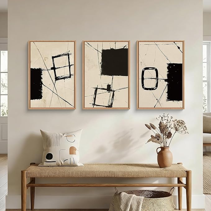 HOURIA Nordic Abstract Black & Beige Brush Stroke Framed Canvas Wall Art Set,Minimalist Geometric Grunge Line Shapes Ink Sketch Decor,Neutral Modern Drawing Artwork for Living Room,Farmhouse-16"x24"x3