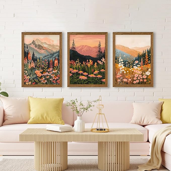 InspiredHues Colorful Landscape Boho Canvas Wall Art Set, 3 Piece Wildflower Mountain Wall Decor, Vintage Floral Rustic Nature Artwork Prints for Living Room Bedroom Office 16x24 Inch Wood Framed