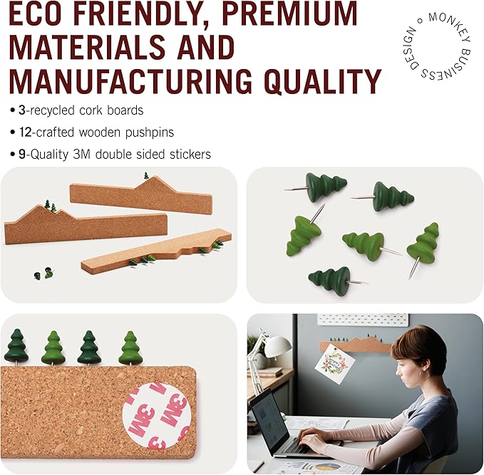Monkey Business Memo Mountain 3 Cork Board Strips - Corkboard Pin Boards with Mountain Scene Pushpins, Office Accessories, Cute Cork Boards for Walls