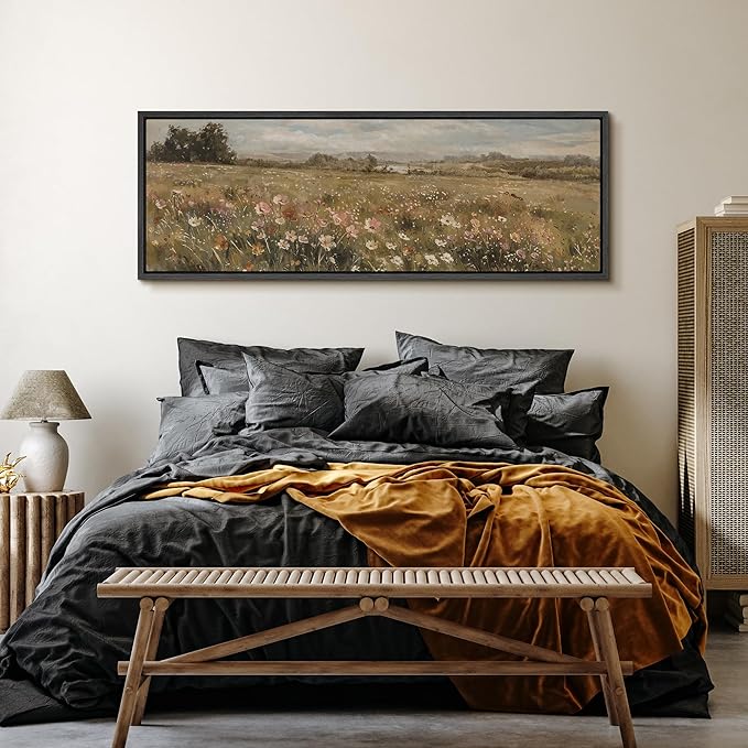 SIGNFORD Large Framed Canvas Pastoral Flower Field Landscape Classic Illustrations Modern Art Calm Warm for Living Room, Bedroom, Office - 60"x20"