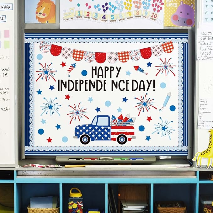 JarThenaAMCS 74Pcs Happy Independence Day Bulletin Board Kit Patriotic Red Blue Star Paper Cutouts with 100Pcs Glue Points 4th of July DIY Craft Art Decor for 250th Anniversary School Home Party