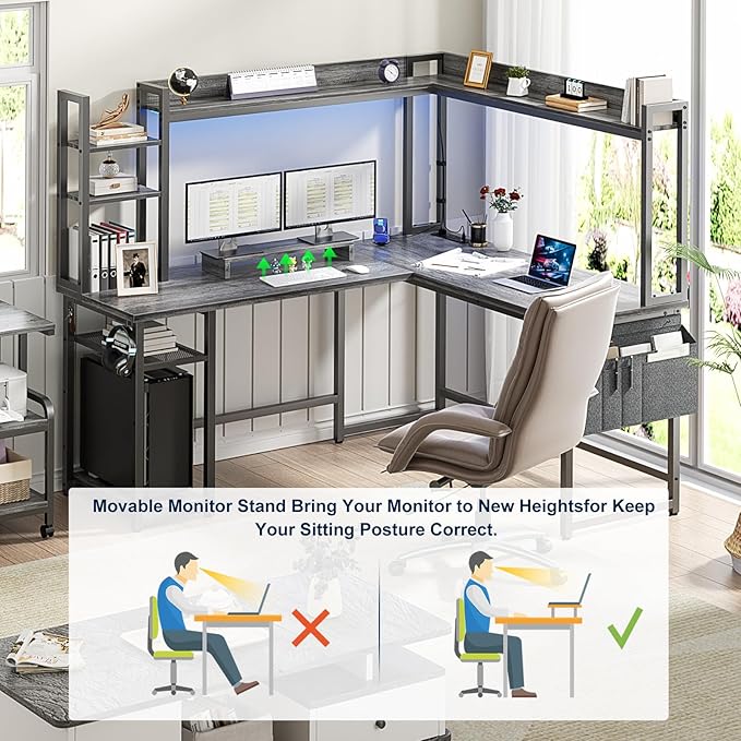 Aheaplus L Shaped Gaming Desk, Reversible L Shaped Desk with Power Outlet and Led Lights, Gaming Desks Corner Computer Desks with Hutch, Monitor Stand and Storage Bag for Home Office, Black Oak