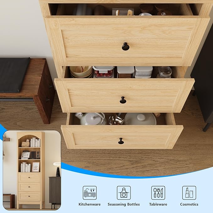 71" H Tall Bookshelf with Drawers, Farmhouse Book Shelf with 3-Tier Open Shelves, Wooden Bookcase with Storage Drawers, Freestanding Bookshelves for Bedroom, Living Room, Natural Wood