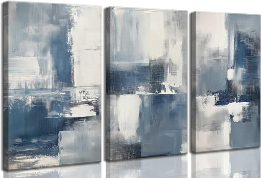 3pcs Navy Blue Abstract Canvas Wall Art Modern Minimalist Neutral Blue White Painting Picture Wall Decor Poster Print Artworks for Living Room Bedroom Office Decoration