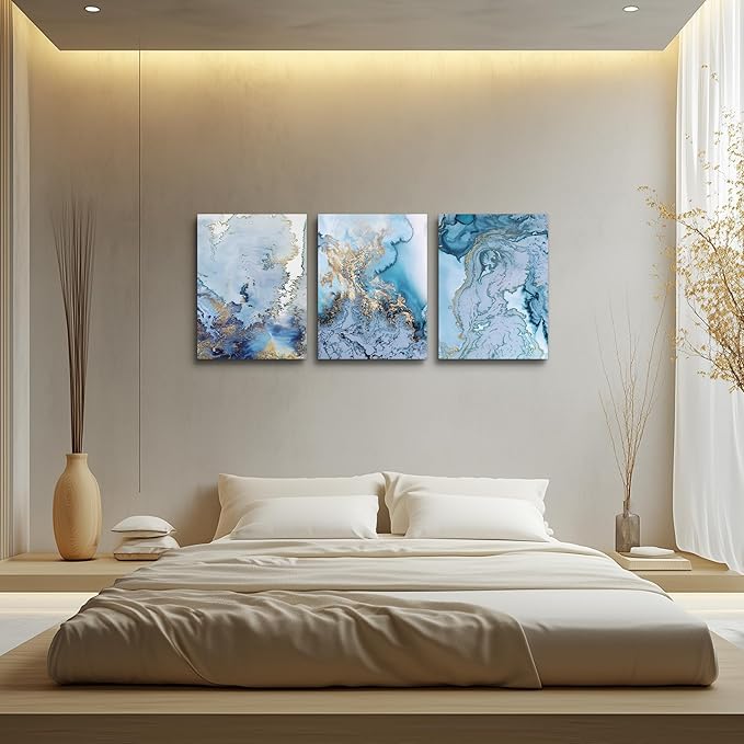 Blue Abstract Canvas Wall Art For Living Room Bedroom Wall Decor Office Pictures Watercolor Wall Paintings Bathroom Home Decoration Posters Prints Artwork 12'' X 16'' 3 Piece Set