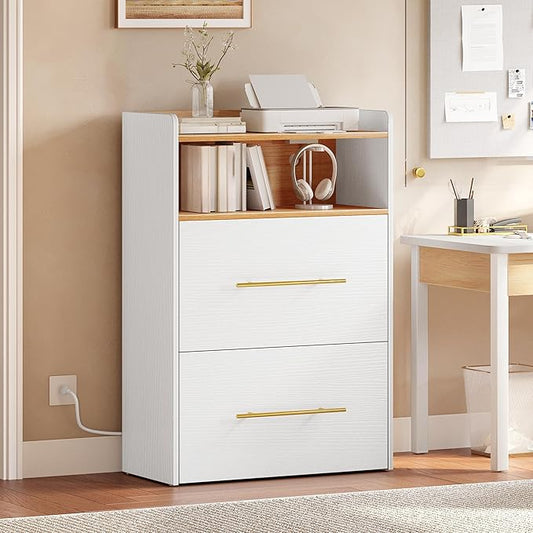 YITAHOME 2 Drawer File Cabinet with Charging Station Printer Stand with Open Storage Shelf Vertical File Cabinets for Home Office Bedroom, Living Room