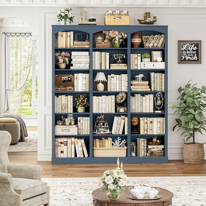 FACBOTALL 71" Triple Wide Bookshelf, 6 Tier Tall Bookshelf, Large Arched Bookcase with Curved Baffle, 63.4" Wide Book Shelf with 18 Open Display Shelves for Living Room, Study, Blue