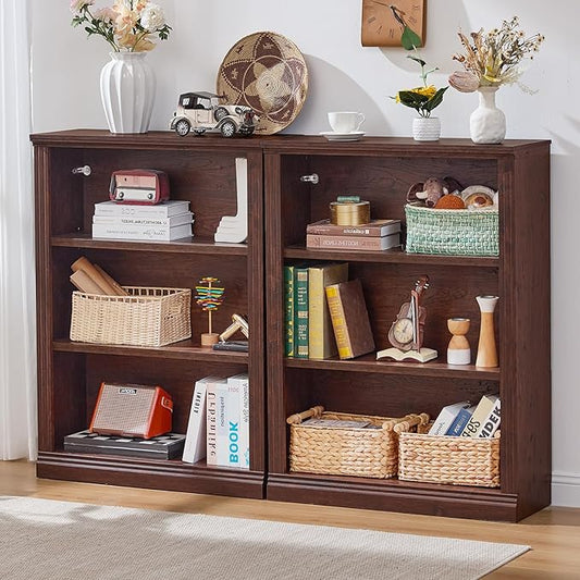 43" Walnut Tall Bookshelf Set of 2,3-Tier Thick Wooden Book Shelf with Adjustable Shelves,Free Standing Farmhouse Bookcase with Open Display Storage,Floor Vintage Bookshelves for Living Room