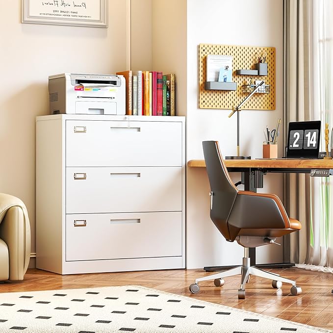 Metal 3 Drawer Lateral File Cabinet with Lock, Wide&Deep Filing Cabinet for Letter/Legal/F4/A4 Hanging Files, Includes Business Card Holder, Home Office School Storage