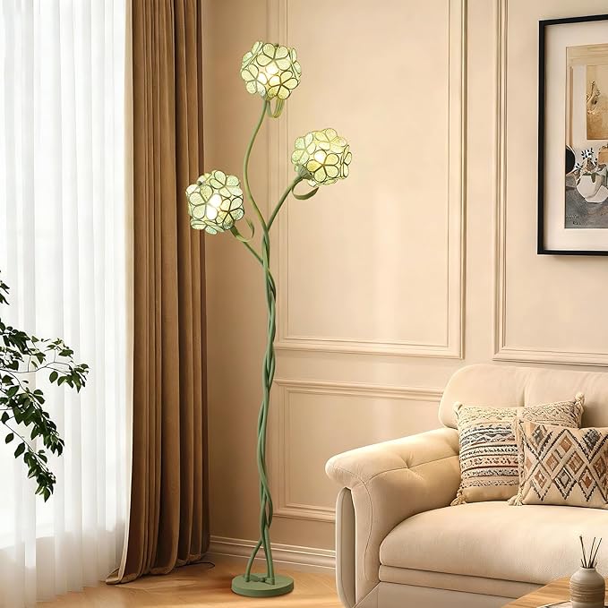 Vintage Tiffany Floral LED Floor Lamp for Living Room, Tall Green Standing Lamp with Adjustable Heads, Unique Flower Light for Bedroom, Artistic Standing Light for Girls Kids Nursery Room Decor