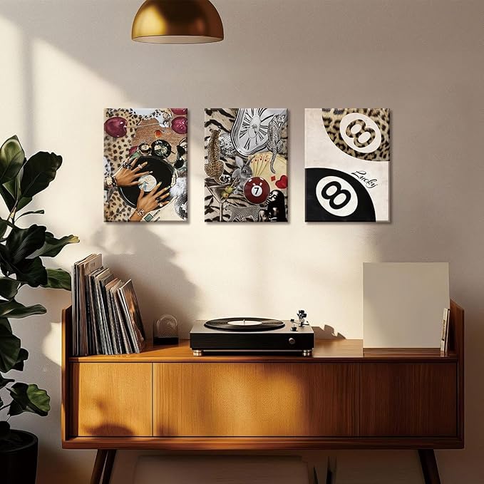 TUEASKY 3 Piece Canvas Wall Art Cheetah Wall Decor Y2K Pictures Vinyl Record Paintings Leopard Prints Lucky 8 Ball Artwork for Bedroom Game Room Bar Party