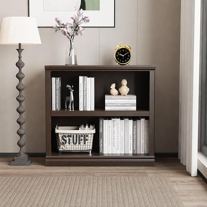 blini Bookshelf and Bookcase Set of 2, Cherry Wood Double Wide Large Bookshelves 2 Tier Wooden Bookshelf with Storage Cabinets for Living Room, Home Office, Library (Cherry Wood, 2 - Shelf)
