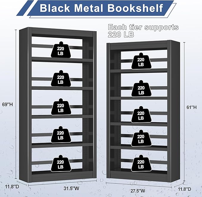 Black Bookshelf，6-Tier Bookcase with Adjustable Storage Shelves，Metal Bookshelf with Book Stopper for Living Room, Home Office, Library