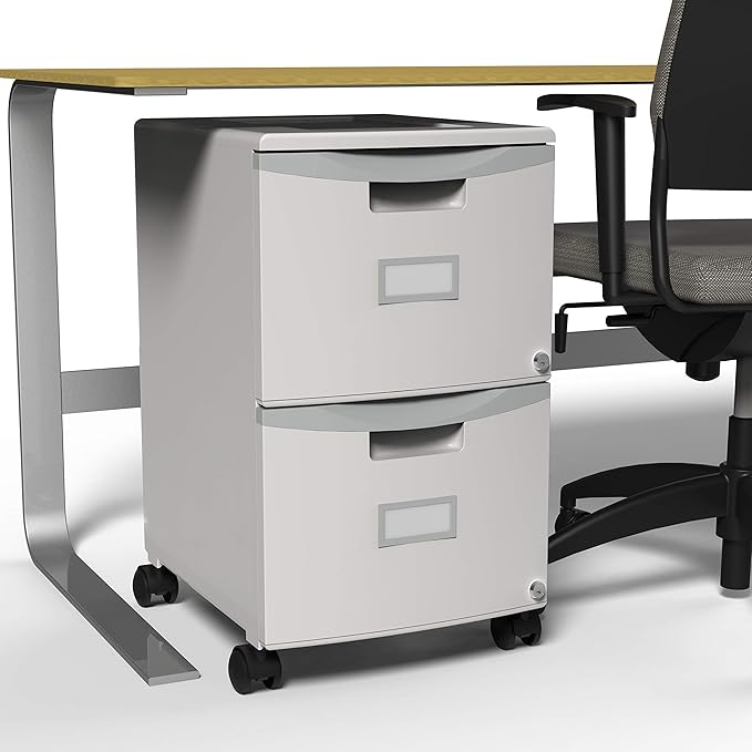 Storex Plastic Two-Drawer File Cabinet – Locking Document Organizer with Casters for Home and Office, Gray, 1-Pack (61311C01C)