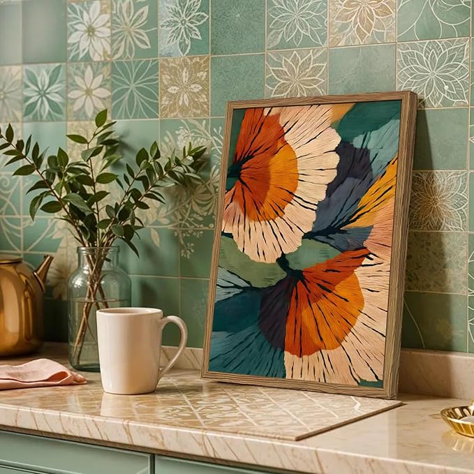 Framed Abstract Floral Wall Art, Boho Vintage Flower Pictures Wall Decor, Mid Century Modern Botanical Paintings Canvas Prints for Living Room Bedroom Office 16x24 inch