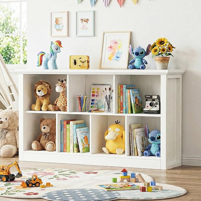Unikito 7 Cube Storage Book Shelf - 50" Wide Wood Cube Storage Organizer, Wooden 2 Tiers Floor Standing Low Bookcase for Living Room, Bedroom, Home Office, Kids Room
