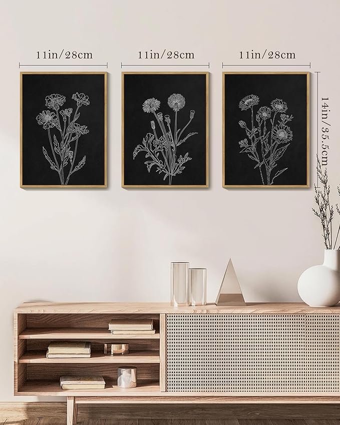 Drsoum Black White Flower Wall Art Vintage Minimalist Floral Wall Hanging Decor Botanical Prints Artwork for Office Dining Room Hallway 11x14in Natural Framed