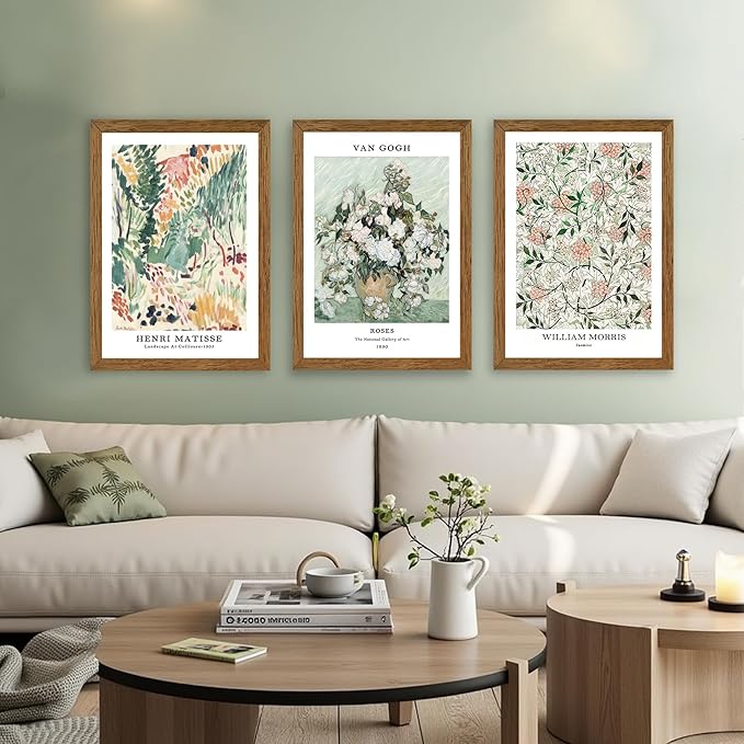 InspiredHues Matisse Van Gogh Morris Canvas Wall Art Set of 3, Sage Green Beige Neutral Flower Wall Decor, Vintage Botanical Art Prints for Living Room Bedroom Office Home Decoration 16x24 Wood Framed