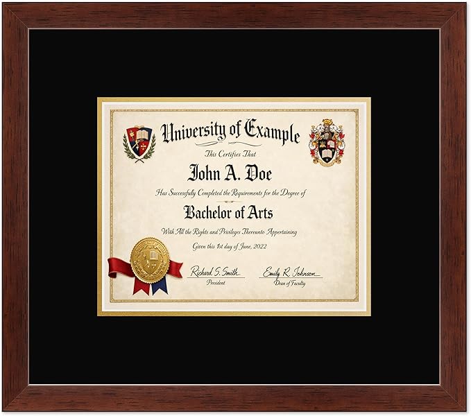 CountryArtHouse Diploma Frame Fits 10 x 8 Professional License - Keepsake Graduation Display Rustic Walnut Genuine Hardwood with Black Over Metallic Gold Double mat