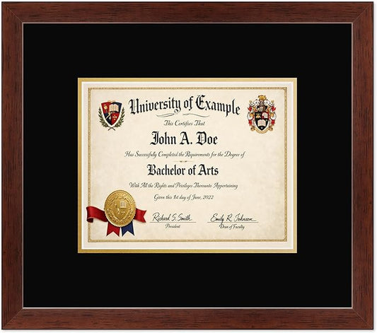CountryArtHouse Diploma Frame Fits 10 x 8 Professional License - Keepsake Graduation Display Rustic Walnut Genuine Hardwood with Black Over Metallic Gold Double mat