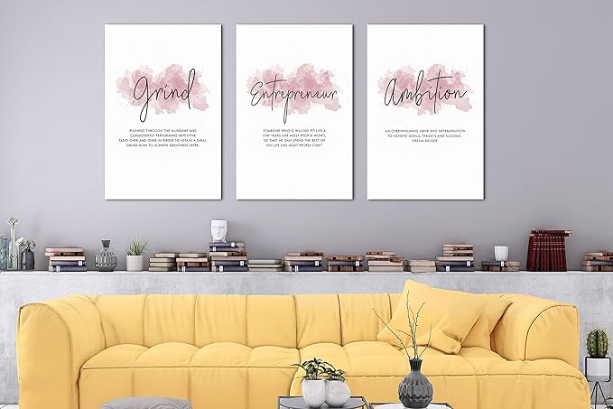 SHMAO Pink Office Canvas Wall Art Motivational Wall Decor, 3 Piece Grind Entrepreneur Ambition Pictures for Office Wall Decor Women Inspirational Framed Artwork Home Office Decor 20”x30”x3 Panels