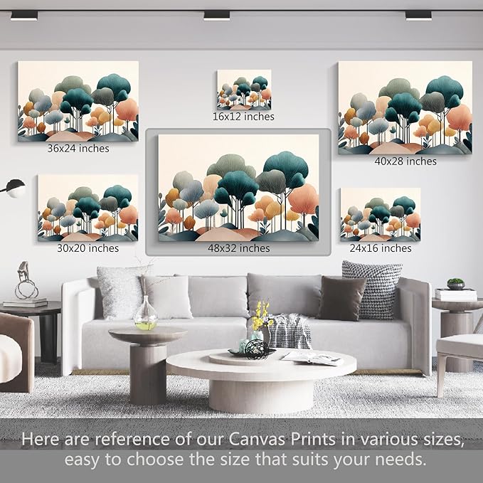 gaosoul Modern Abstract Canvas Wall Art Oil Painting Giclee Print of Geometric Forest in Teal Pink Amber with Black Trunks Serene Beige Background for Living Room Bedroom Decor Framed 48x32in