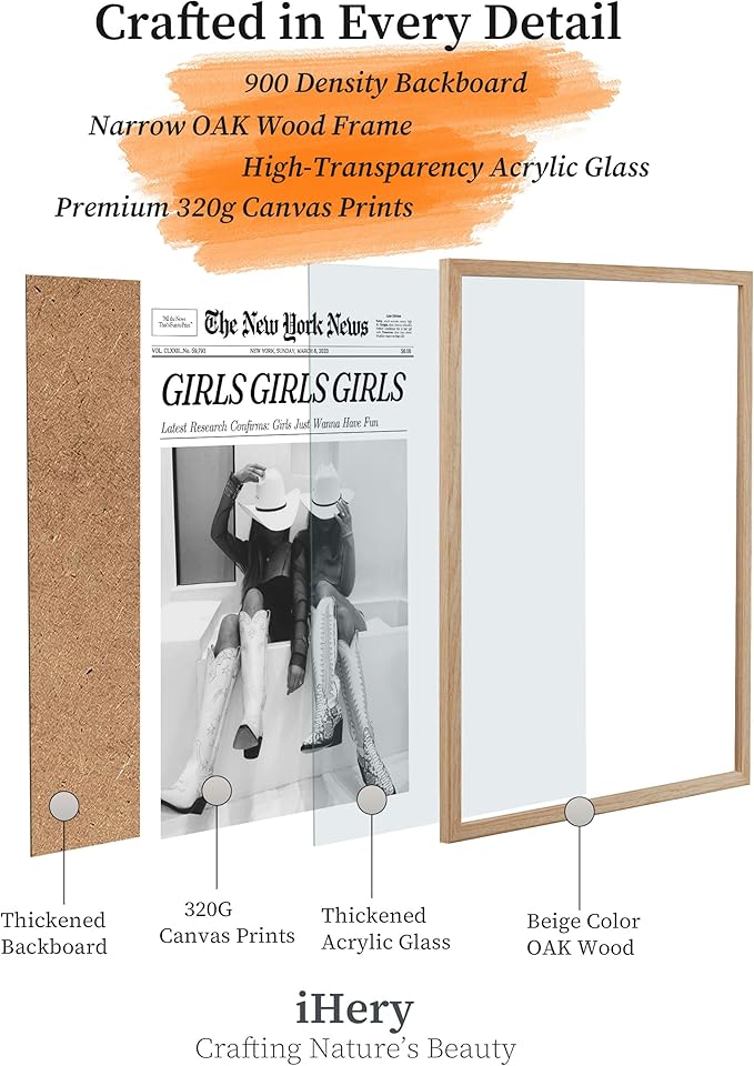 iHery Girls Just Wanna Have Fun Framed Trendy Cowgirl NewsPaper Wall Art, Small 8x10in Natural OAK Wood Black and White Canvas Wall Decor For Bedroom Dorm Living Room,Vintage Bar Car Home 1Pack