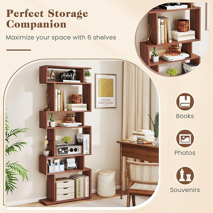Giantex 6-Tier Geometric Bookshelf, S-Shaped Bookcase with 2 Anti-Tipping Kits, Wooden Display Shelf, Decorative Storage Shelving Unit, Home Storage Organizer for Office Living Room (1, Walnut)