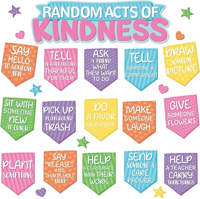 Random Acts of Kindness Bulletin Board Set Colorful Motivational Classroom Bulletin Decorations Rainbow Flip Kind Challenge Cutouts for Back to School Office Home Chalkboard Decor Wall Door