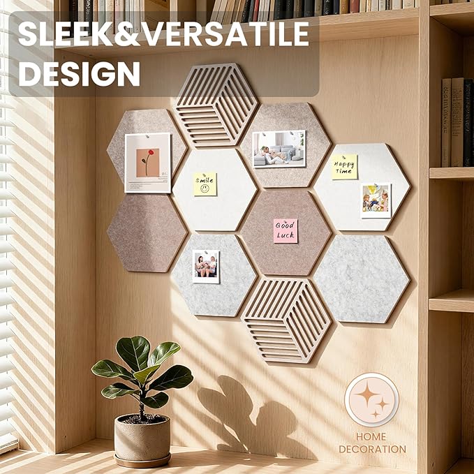 Hexagon Cork Bulletin Boards for Walls Decor, 10 Pack Felt Board Tiles with 25 Push Pins, Photo Display Board for Office & Home Classroom DIY Decor