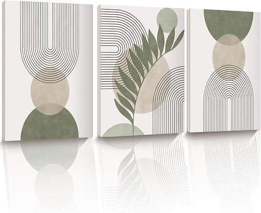 30x40CM Sage Green Boho Wall Art,Framed Canvas Bathroom Wall Art Pictures, Mid-Century Modern Wood Framed Abstract Prints for Bedroom,Minimalist Office Wall Decor 3Pack