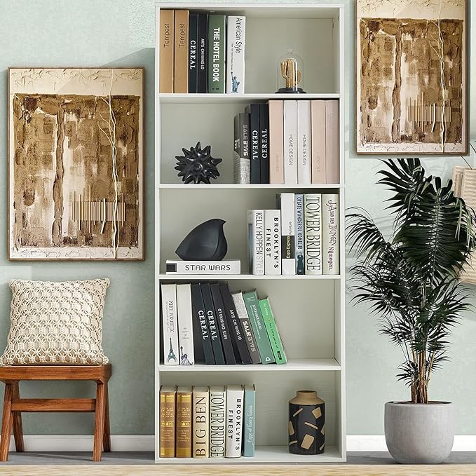 Tall Bookshelves with Cabinet, Office Storage Cabinets and Bookshelf, 5-Tier Wooden Bookcase with Storage, Floor Standing Display Cabinet Shelves for Living Room, Home Office, White
