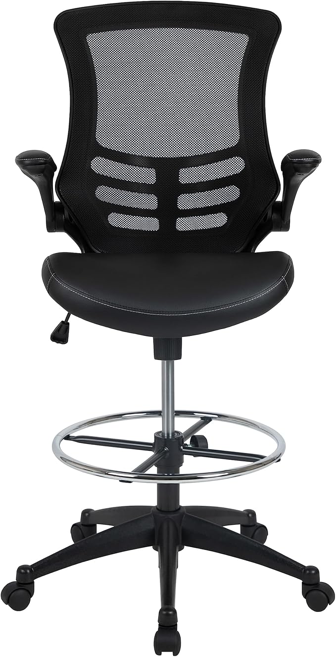 Flash Furniture Kelista Mid-Back Swivel Office Chair with Adjustable LeatherSoft Seat Height, Ergonomic Mesh Chair with Flip-Up Arms, Black