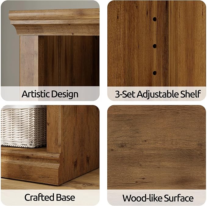 Double Wide Open Shelf Bookcase - 2 Tiers 4 Storage Cube Adjustable Space Book Case, Display Cabinet Organizer with Bookshelf, 64.8 inch Width Indoor Furniture for Home Library Office, Vintage Oak