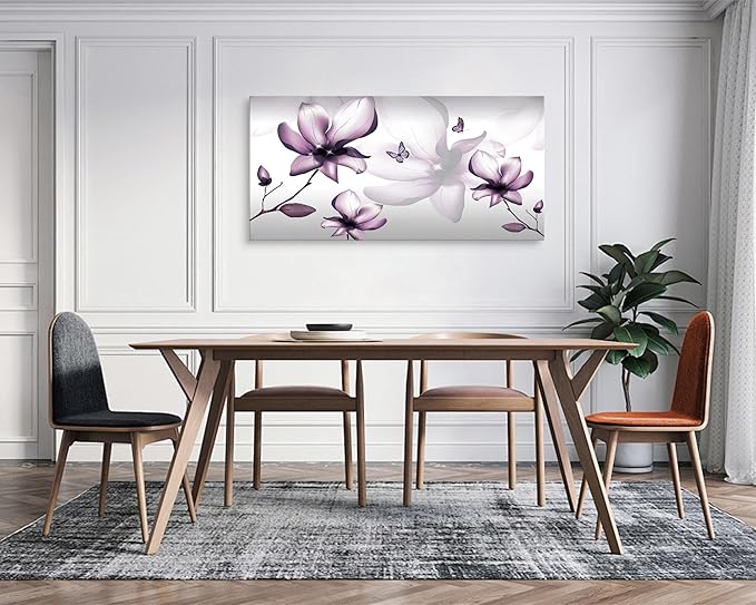Muolunna BK06598 Purple Magnolia with Butterfly Flower Canvas Wall Art Picture 1 Panel 3D Wallpaper Modern Art Prints Painting for Bedroom Modern Office Wall Decor Artwork