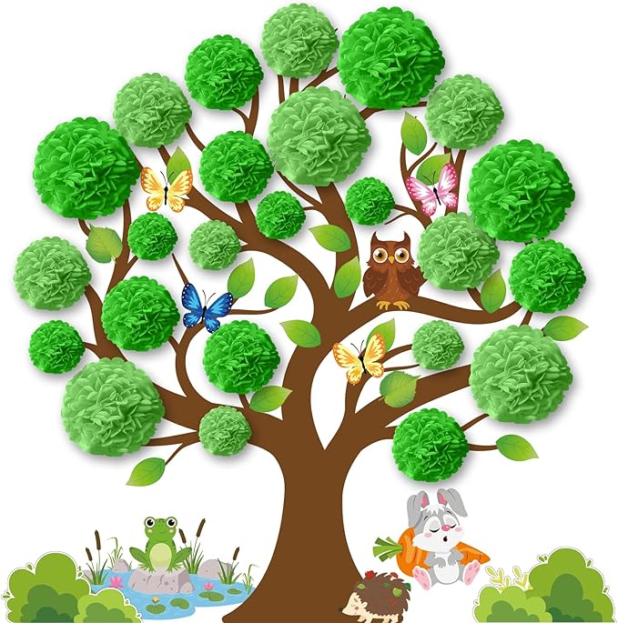 Spring Tree Bulletin Board Set Decorations for Classroom Spring 3D Green Tree Cutouts with Paper Pom Poms Paper-Cuts for Woodland Whimsy Party School Nursery Classroom Birthday Party Decor